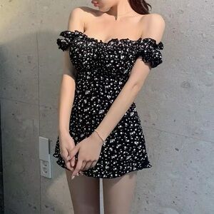 Brand New Black Floral Off-Shoulder One Piece Swimsuit